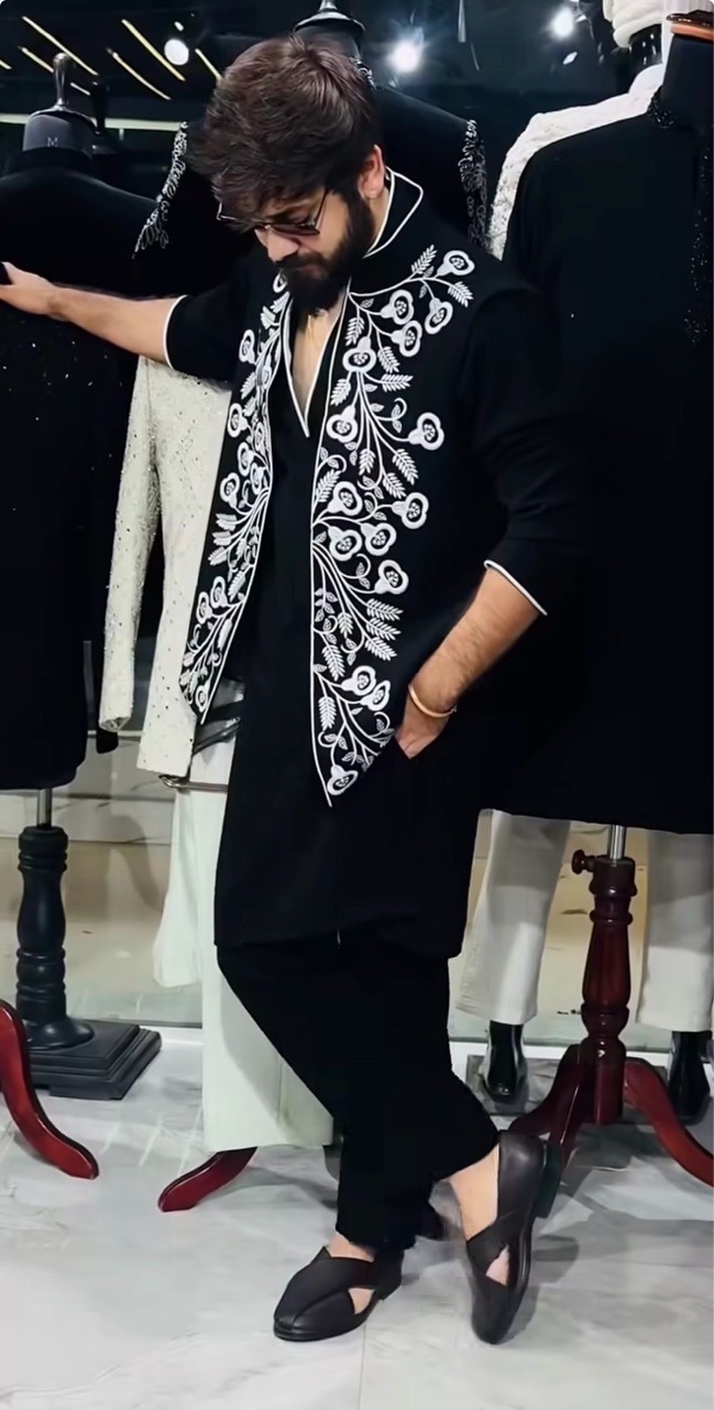 Machine Work Jawahar Cut + VNeck Pipin Kurta + Pant