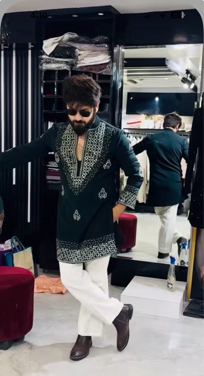 Elegant Dark Green Kurta With Mirror Work view 2
