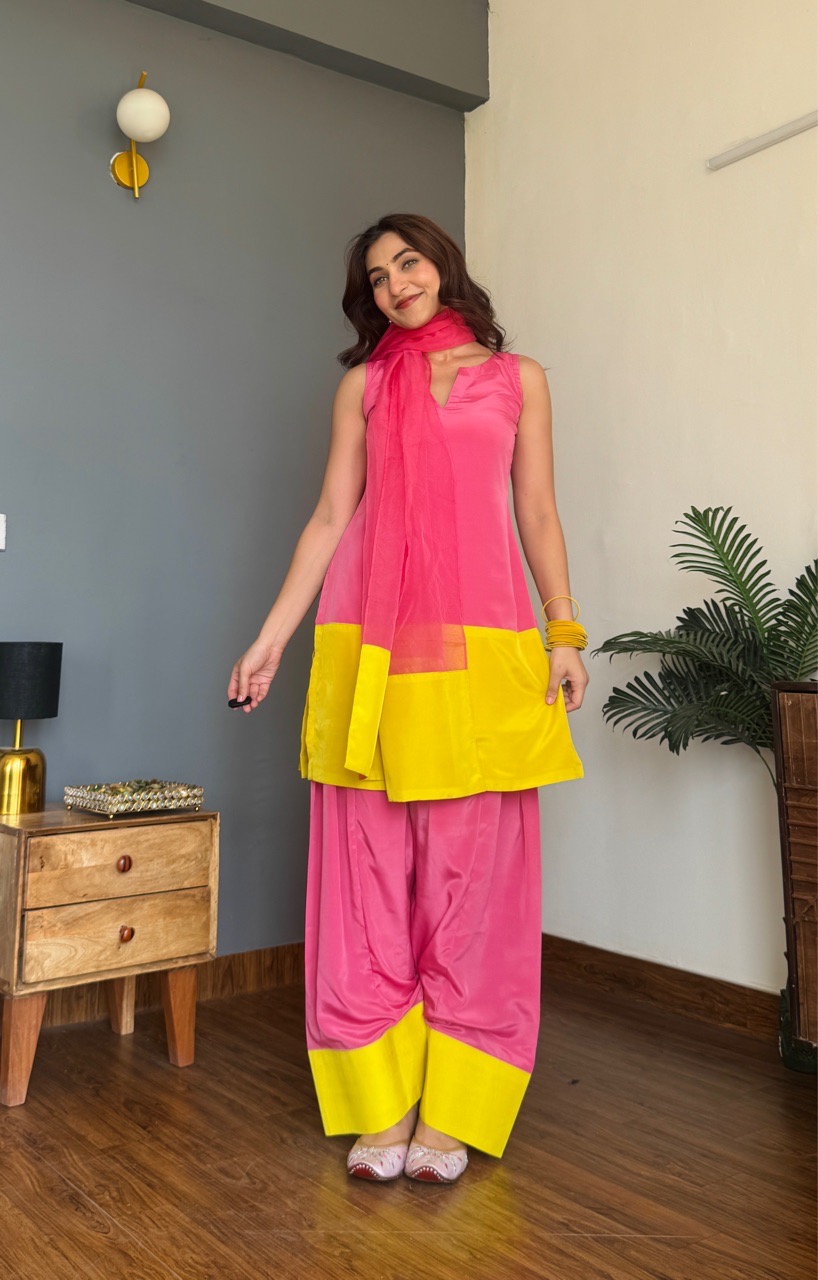 Pink and Green Color Block Farshi Salvar set view 2