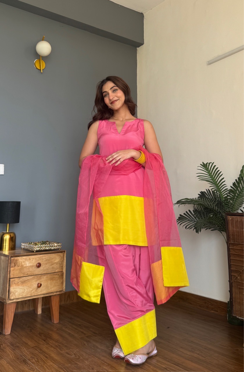Pink and Green Color Block Farshi Salvar set view 3