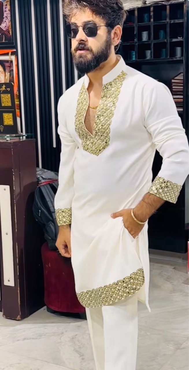 Traditional White Kurta with Mirror Lacework And Pants + Stole