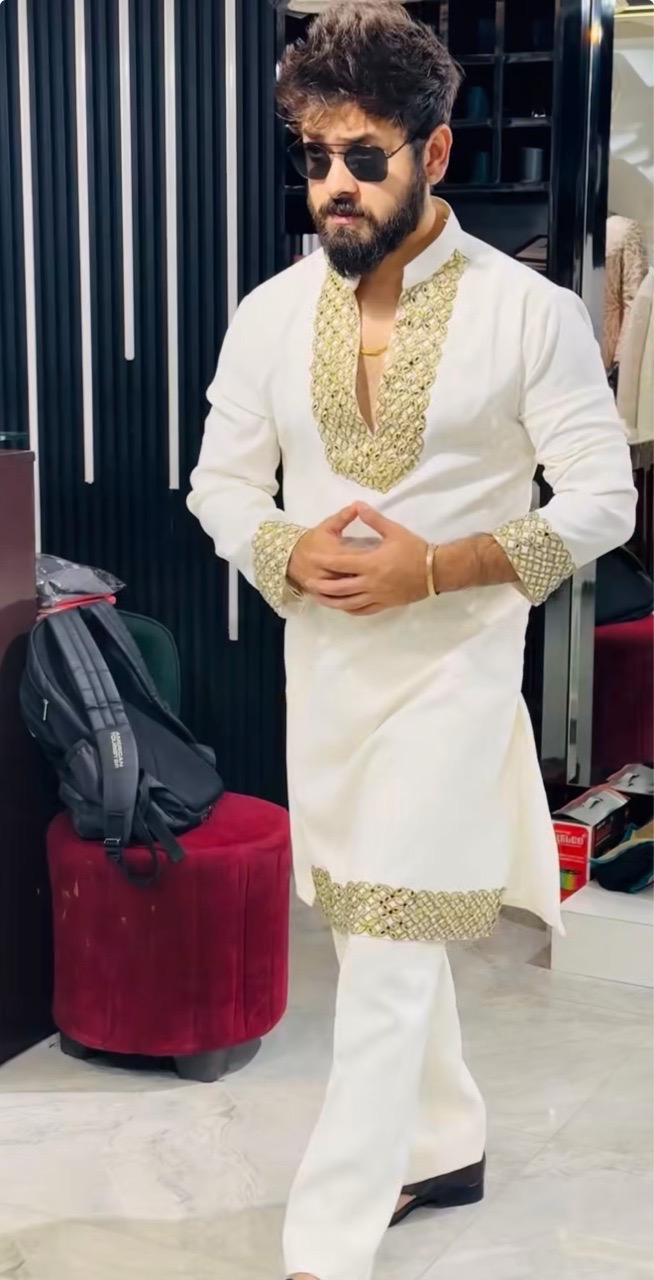 Traditional White Kurta with Mirror Lacework And Pants + Stole view 2