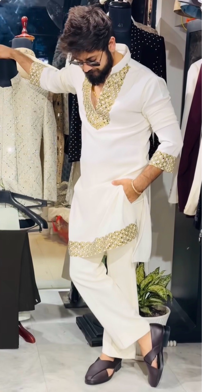 Traditional White Kurta with Mirror Lacework And Pants + Stole view 3