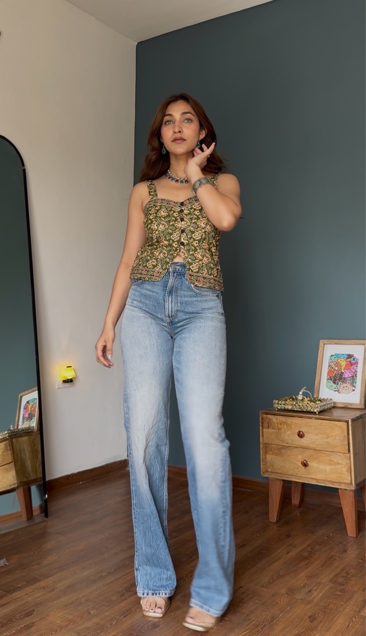 Green Strappy Ethnic Top view 2