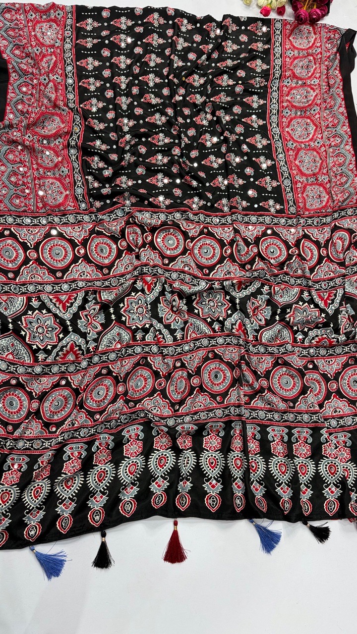 Ajrakh Black And Red Print Saree view 5