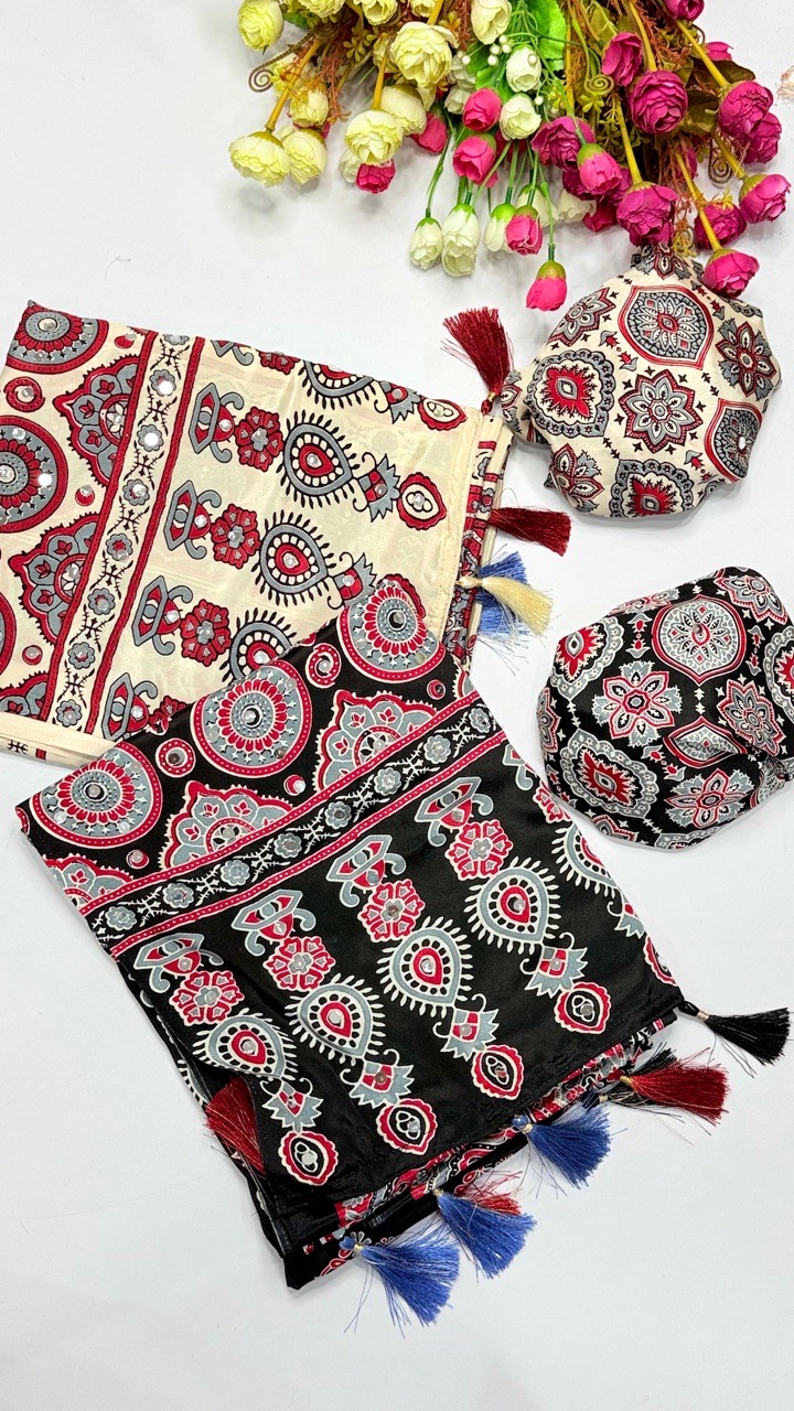 Ajrakh Black And Red Print Saree view 4