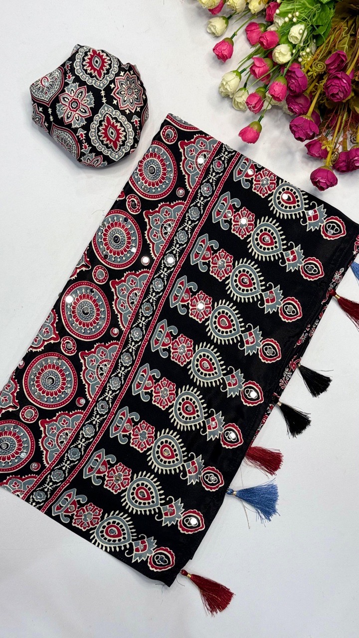 Ajrakh Black And Red Print Saree view 3