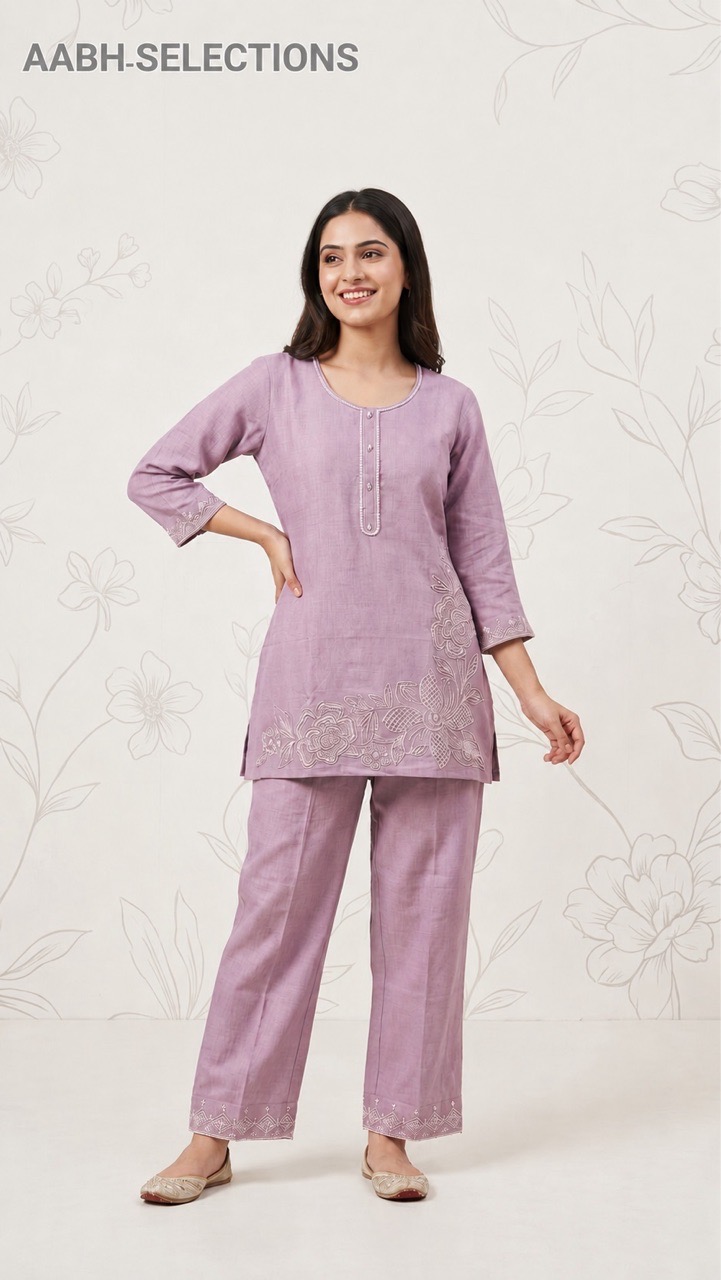 Pure Mul Fabric Co-ord Set With Tonal Embroidery view 2
