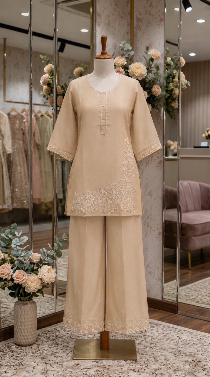 Pure Mul Chanderi Coord Set With Pearl Embroidery view 3