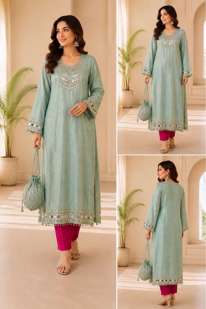 Pure Shimmer Fabric Phirin Dress with Contrast Pants view 2