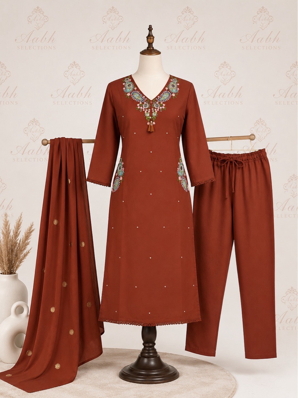 Pure Cotton Straight Suit With Embroidery At The Pockets And Neckline view 3