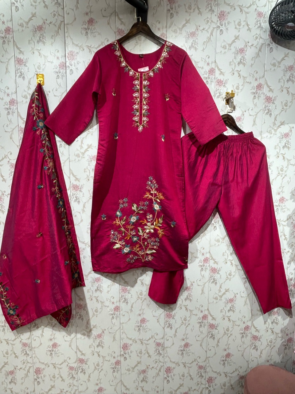 Pure Chanderi Suit With Flowers Embroidery On Shirt view 2