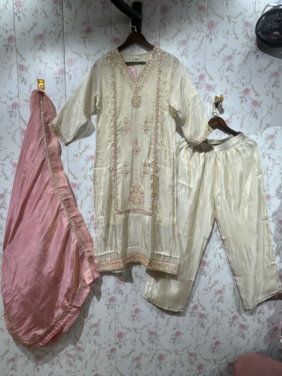 Pure Silk Suit In Ivory Color With Embellished Neck view 2