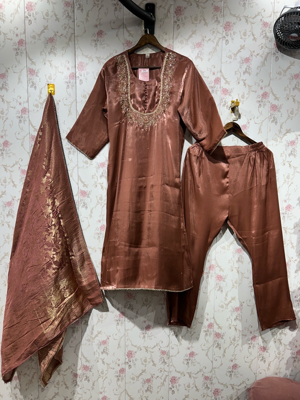 Pure Mul Chanderi Straight Suit With Embellished Neckline view 2