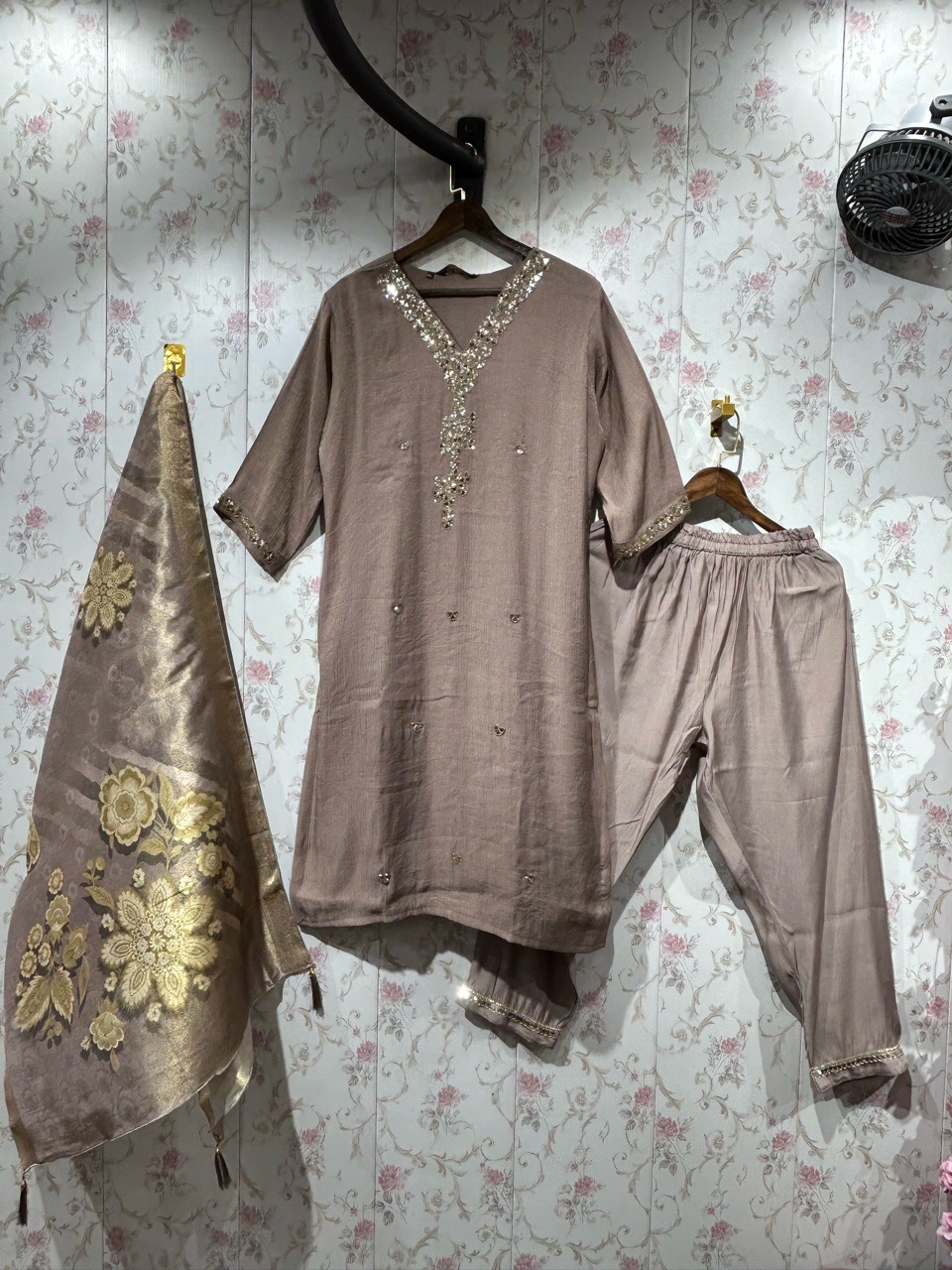 Embellished Brown Cotton Kurta Set view 2