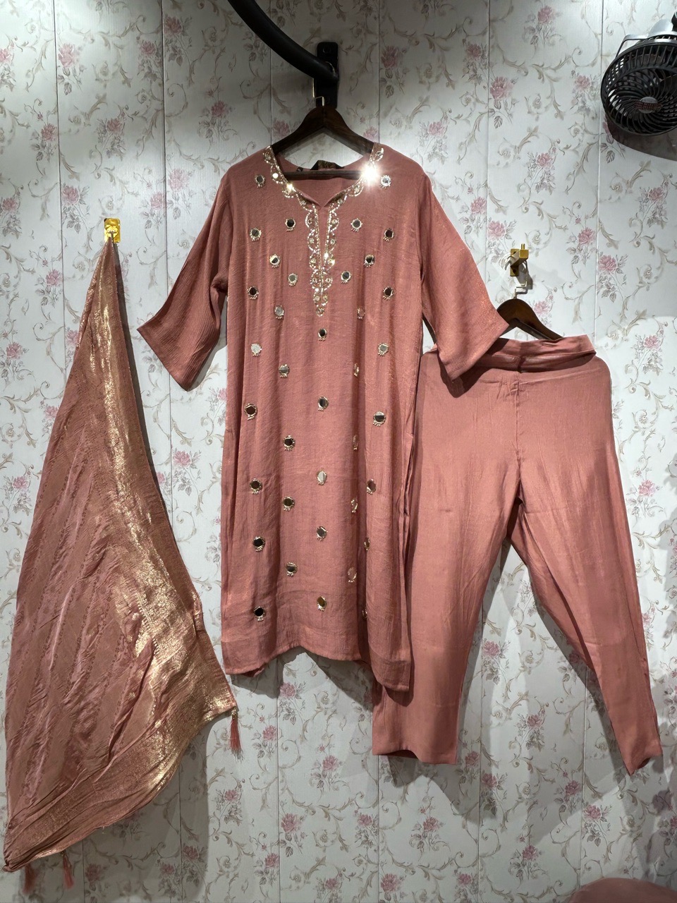 Pure Chinon 3 Pcs Straight Suit With Mirror Detailing view 2