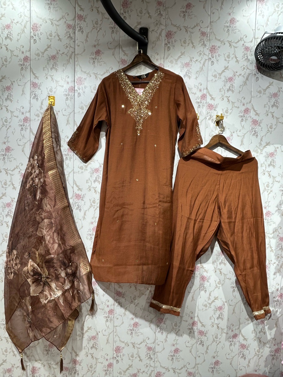 Pure Mul Festive Straight Suit With Embellished Neckline view 2
