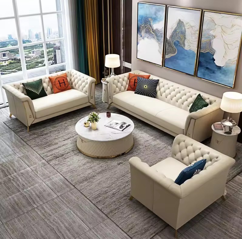 Elegant White Leather Sofa Set view 2