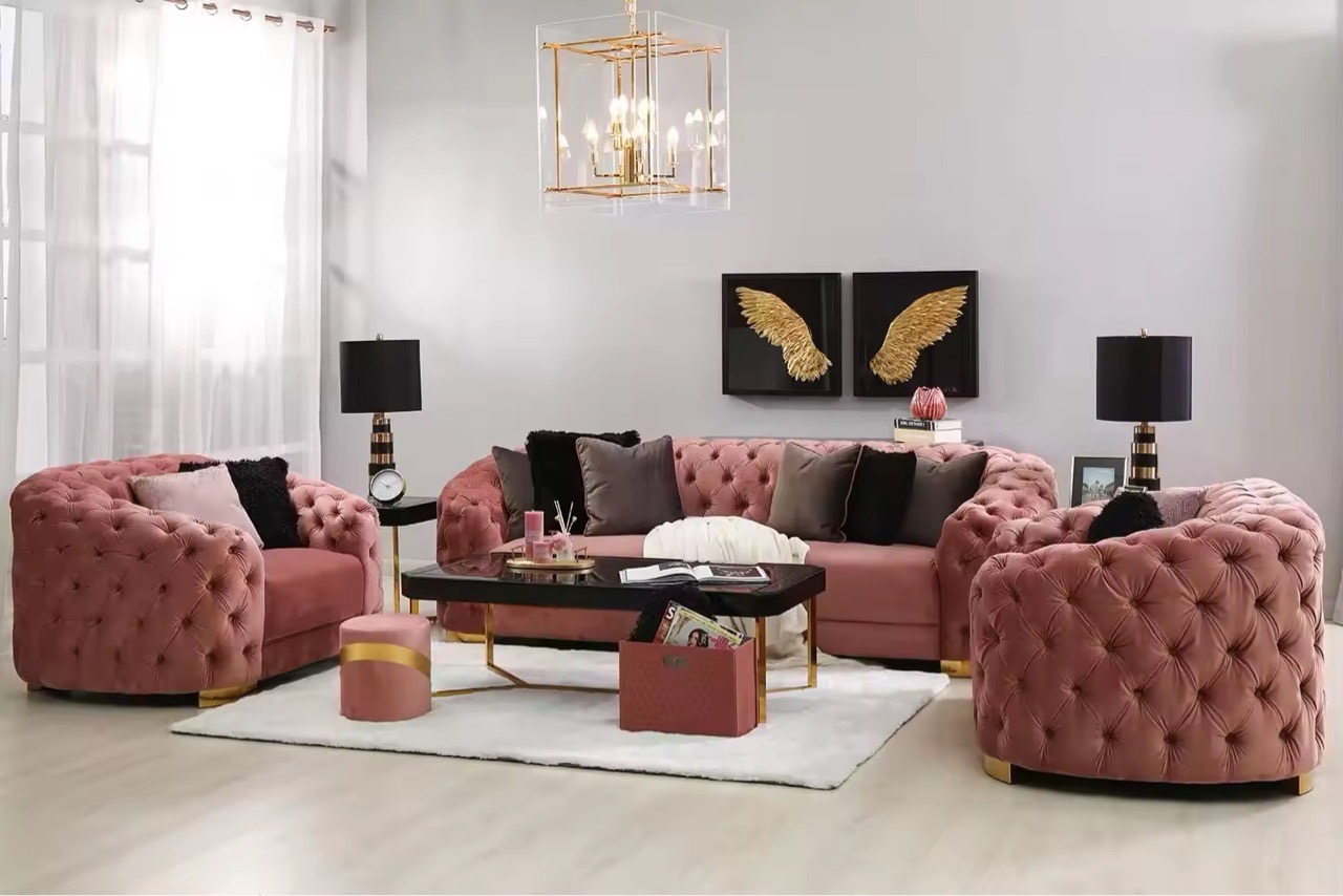 Velvet Tufted Sofa Set view 2