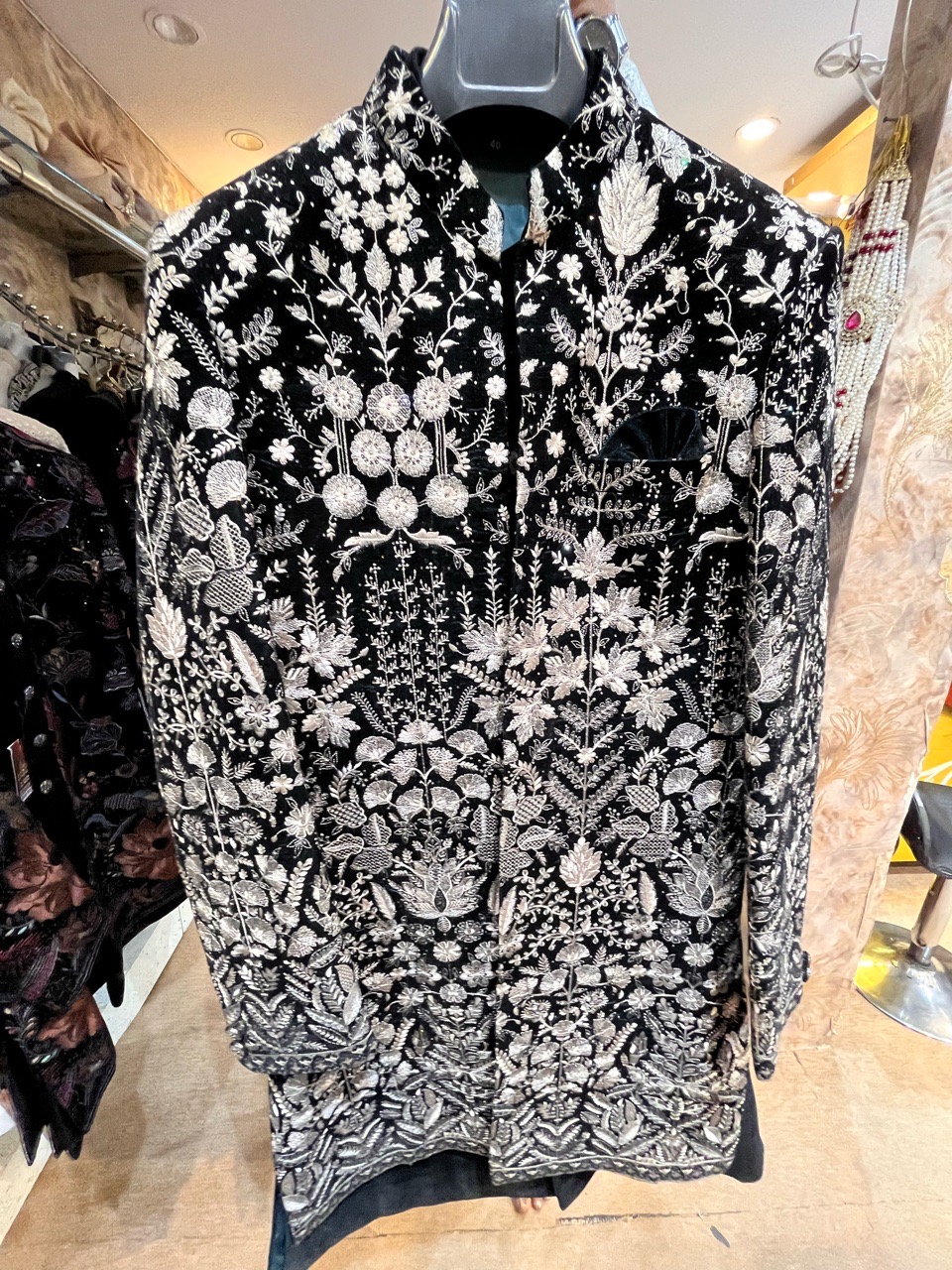 Embroidered Black Velvet Sherwani view 2