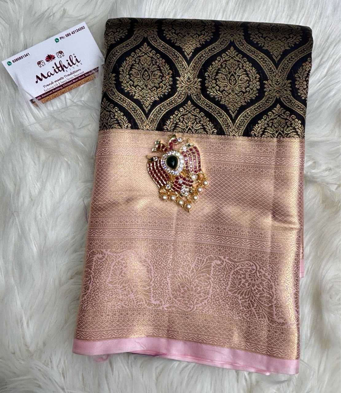 Black Brocade Semi Silk Saree With Pink Boarder view 2