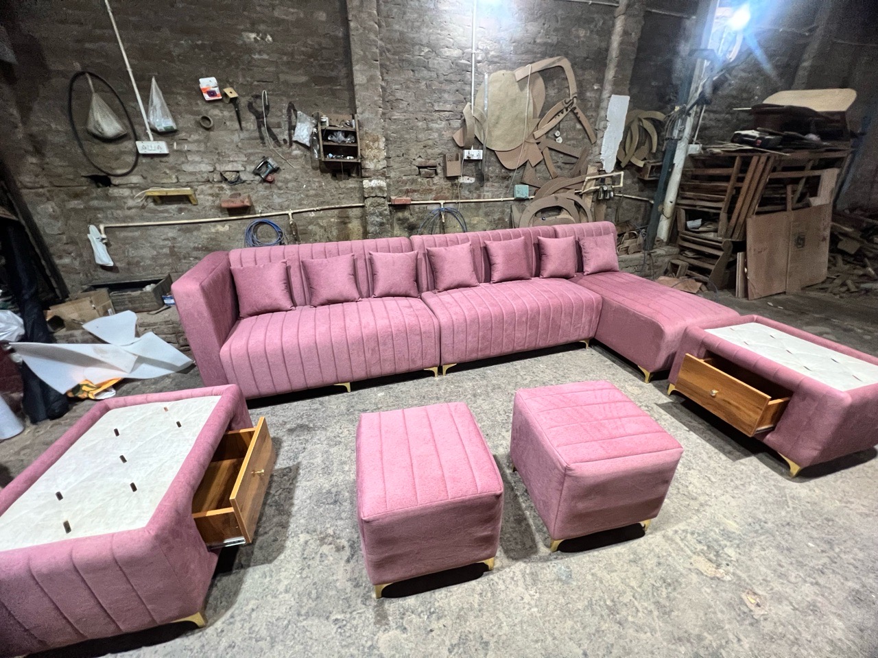 Pink Velvet Modular Sofa Set view 2