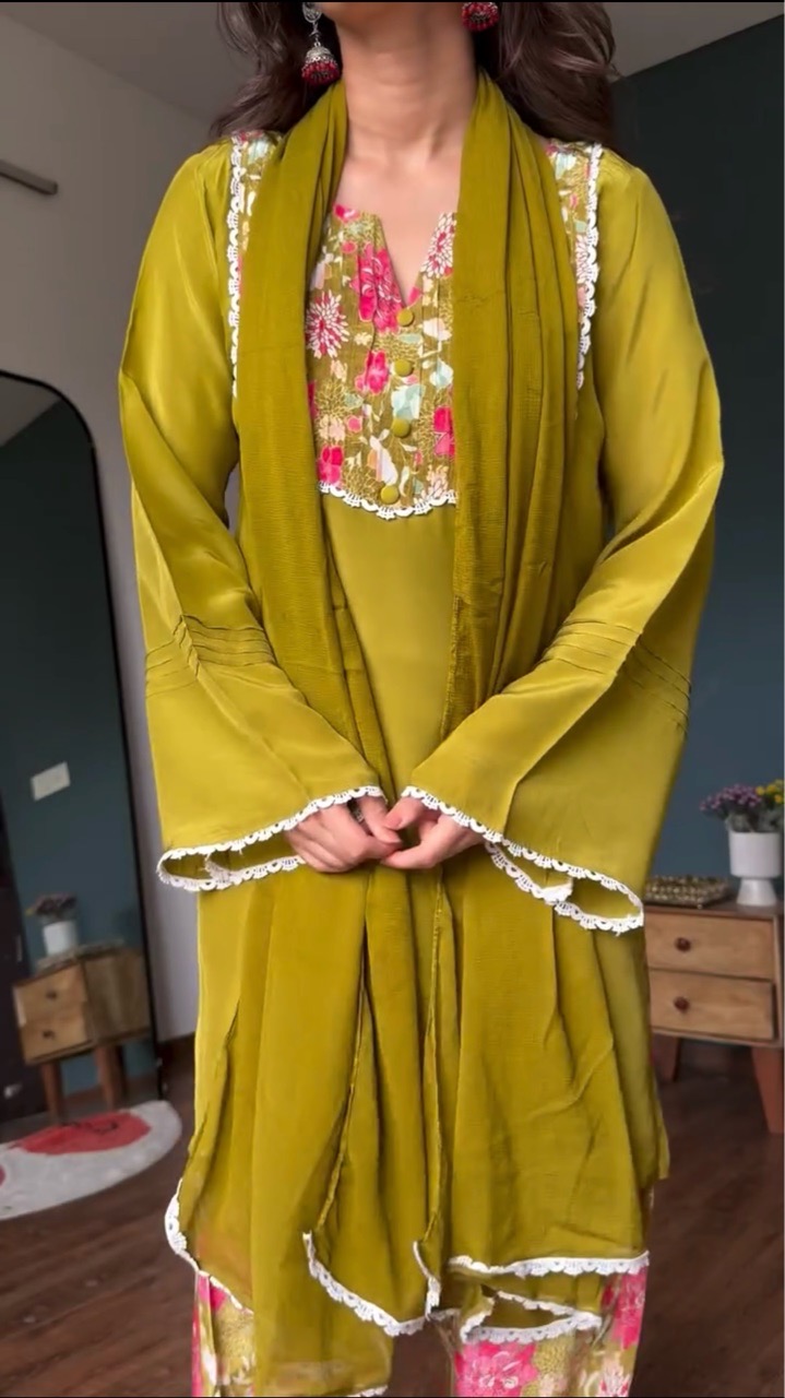 Olive Green Floral Farshi Salvar set view 7
