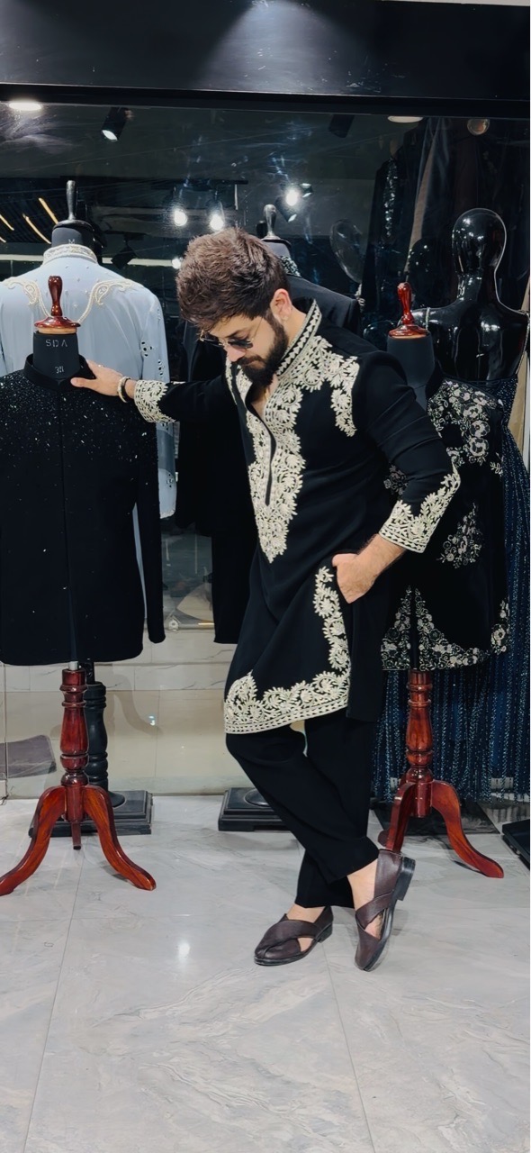 Embroidered Black Kurta Set With Dori Work view 4