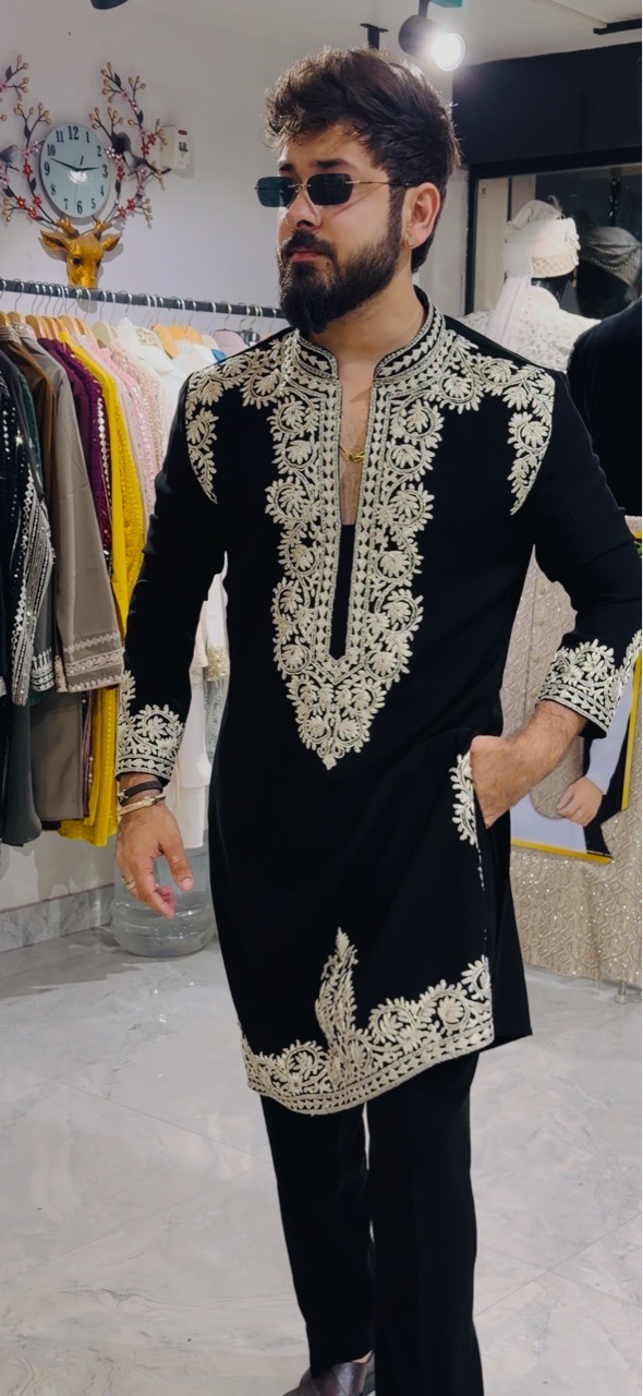 Embroidered Black Kurta Set With Dori Work view 5