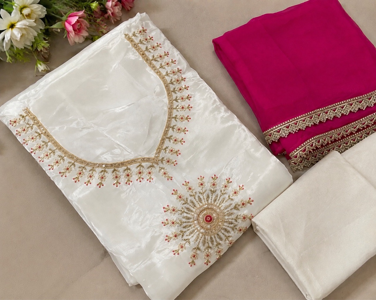 Pure Crepe 3 Pcs Unstitched Suit With Contrast Bottom view 2