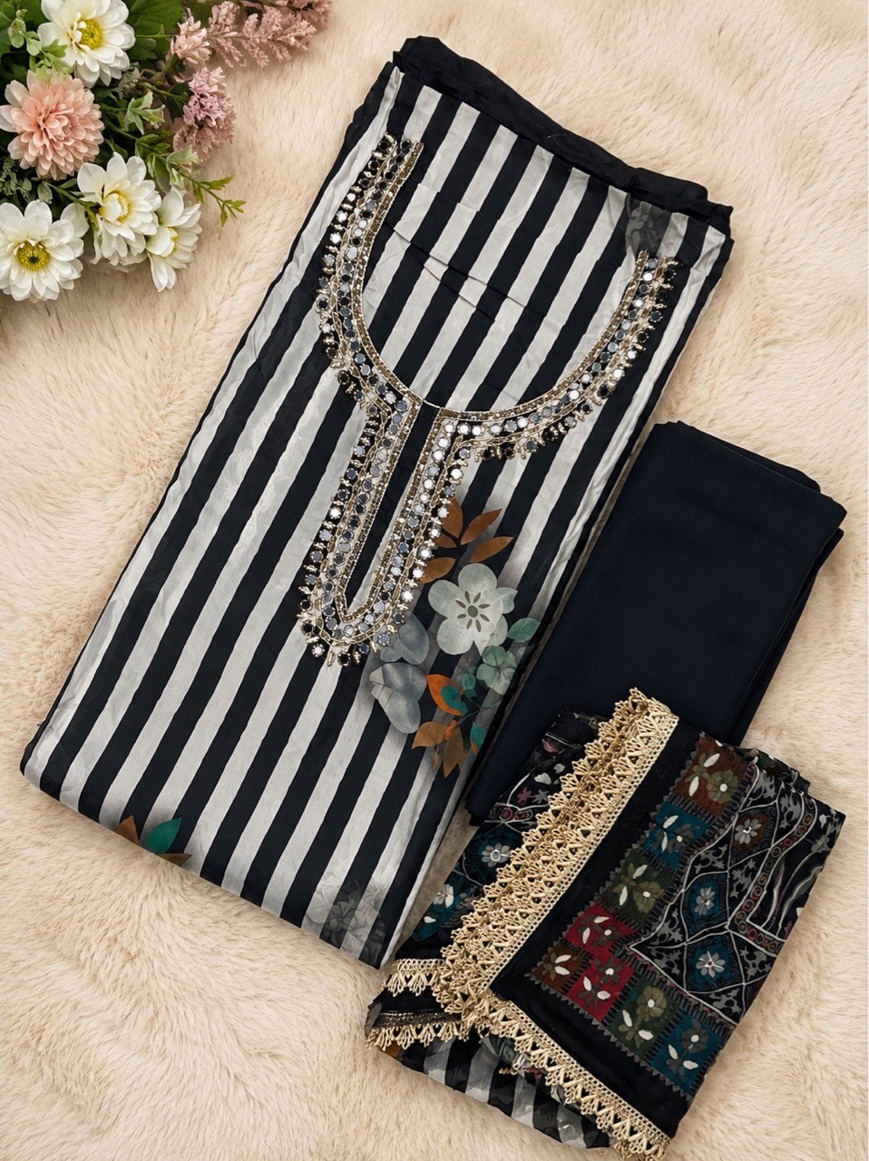 Pure Crepe Black and White Striped Unstitched 3 Pcs Suit view 2