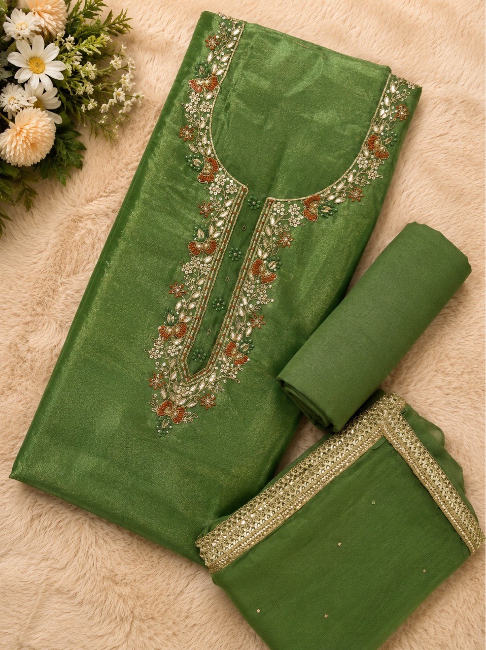 Pure shimmer 3 Pcs Unstitched Suit With Zari Work On Neckline