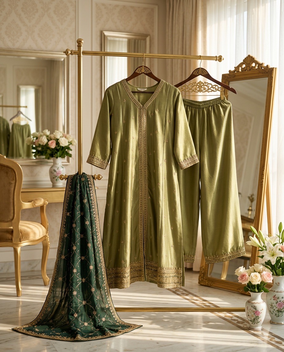 Embroidered Green Anarkali Suit view 5