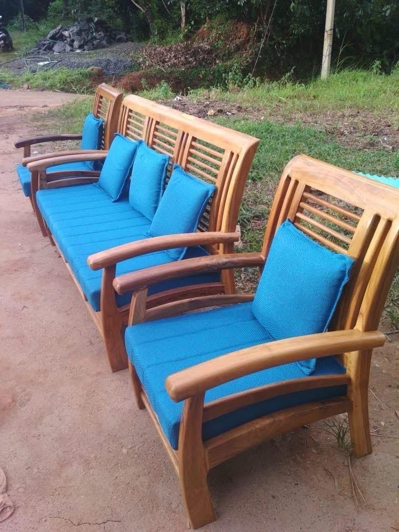 Wooden Sofa with Blue Cushions view 2