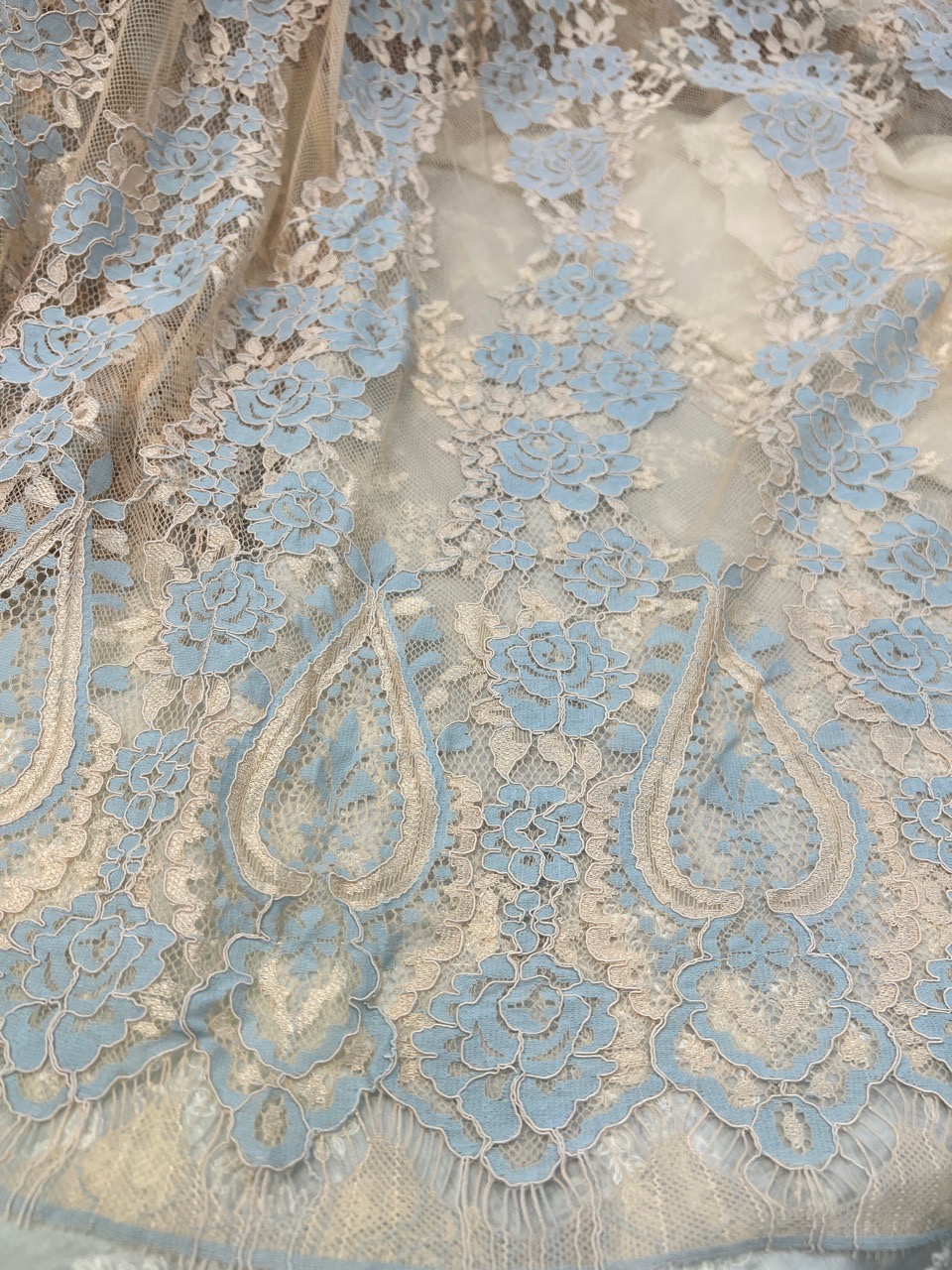 FACP1073 Blue Peach Floral Lace Fabric view 2