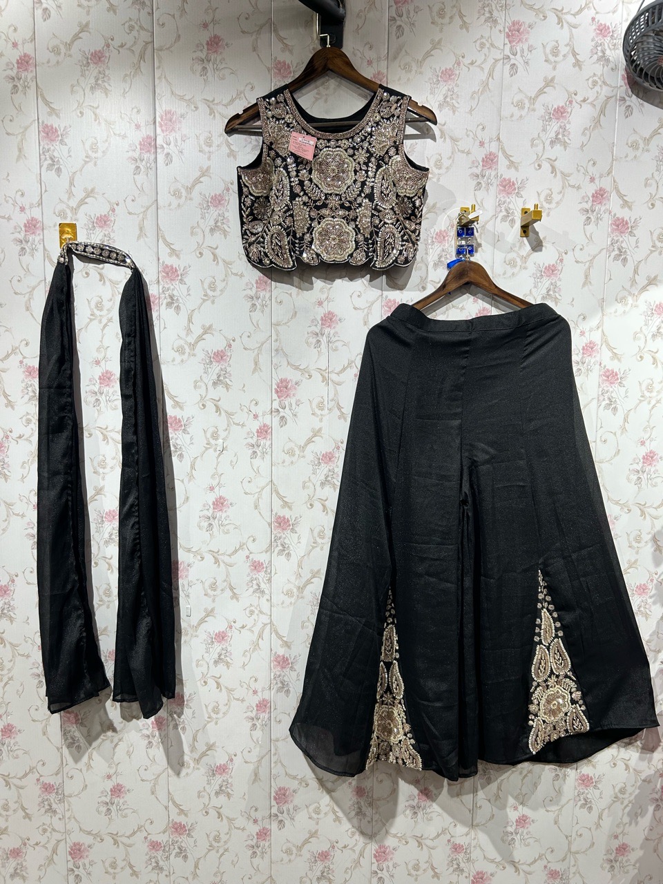 Black Embroidered Crop Top and Pant Set view 2