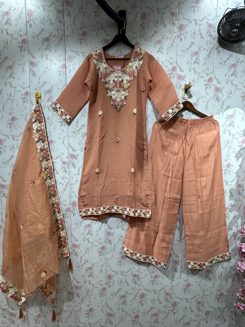 Peach Embroidered Kurta Set view 2