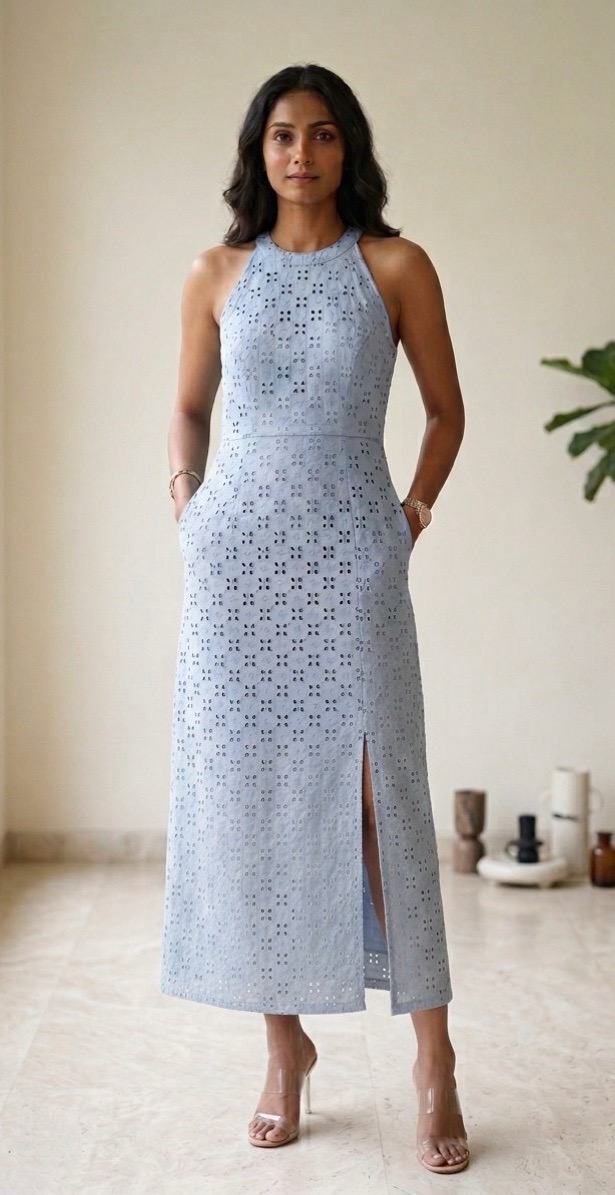 Blue Hakoba Halter Neck Maxi Dress view 2