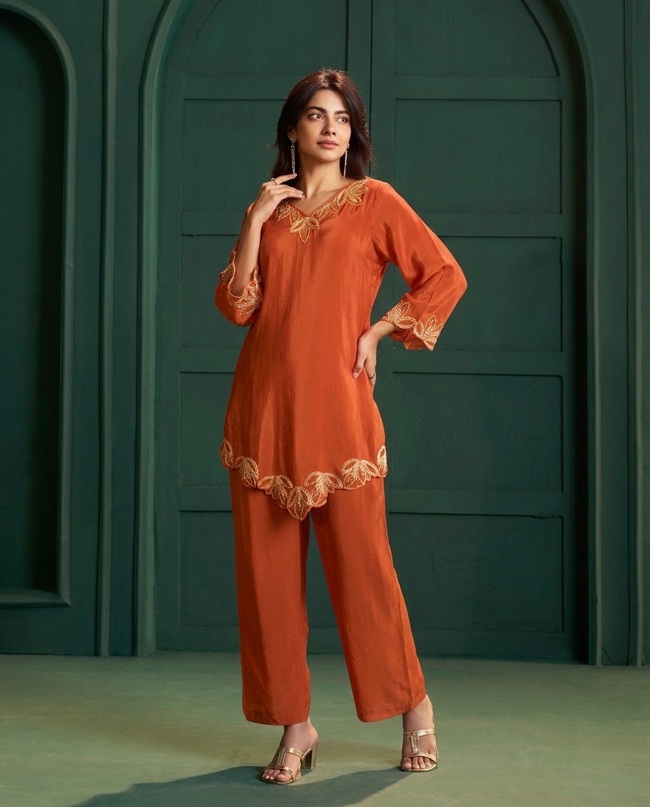 Rust N-Crepe Embroidered Kurta Set view 4
